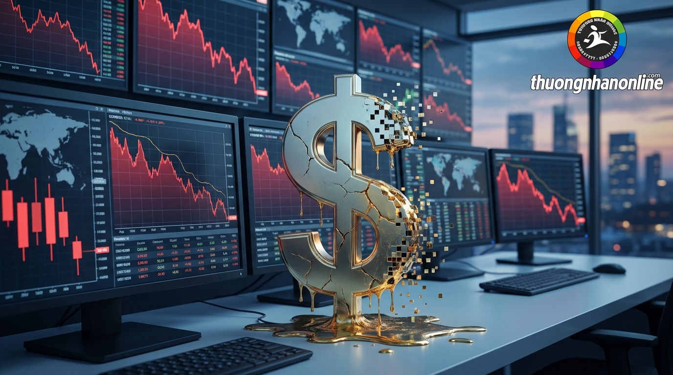 Biểu đồ đồng USD suy giảm và biểu tượng Fed