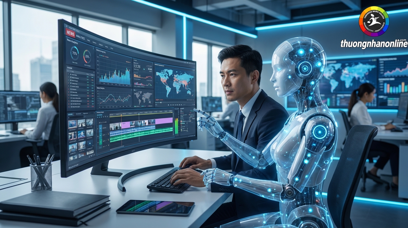 Nhà báo và đồng nghiệp AI trong tòa soạn hiện đại