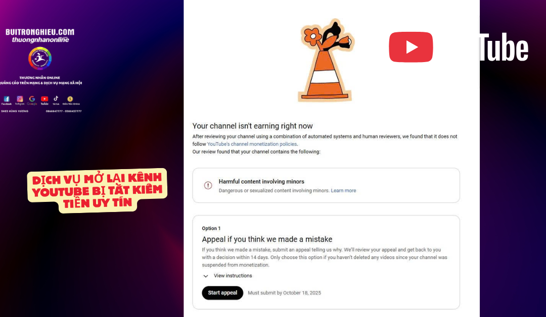 dịch vụ mở khóa kênh youtube bị tắt kiếm tiền
